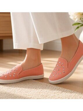 Coral Rhinestone Embellished Canvas Casual Slip On Shoes Ladies Size 8